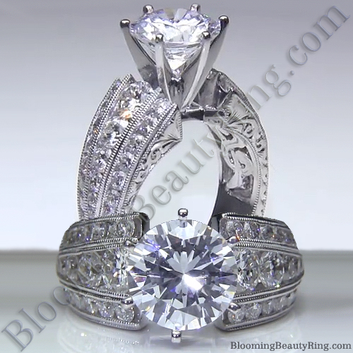 Artisan Etched Trinity Diamond Shank Engagement Ring