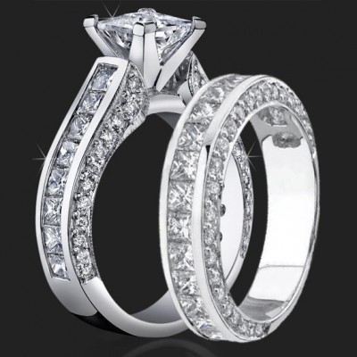3.68 ctw. Channel Set Princess Micro Pave Round Engagement Ring Set - bbr411-411b
