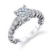 Shared Prong Antique Style Engagement Ring with Large Graduated Diamonds on white background