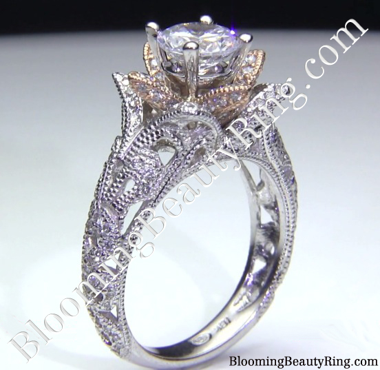 Two Toned Rose Gold and White Gold Art Carved Diamond Engagement Ring - Standing