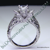 Diamond Embossed Blooming Rose Engagement Ring with Etched Carvings 4