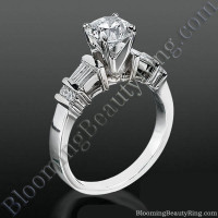 Tiffany Style Engagement Ring with Tapered Baguette and Small Round Side Accent Diamonds