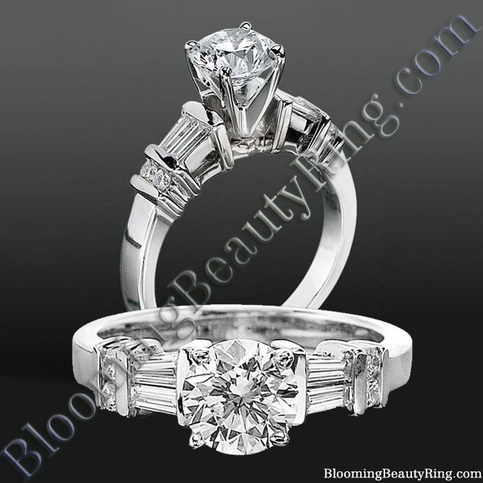 Tiffany Style Engagement Ring with Tapered Baguette and Small Round Side Accent Diamonds - bbrnw6010