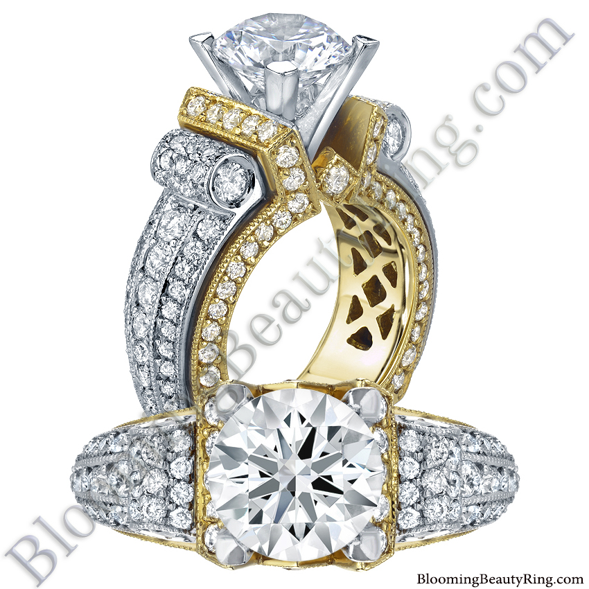 2.85ct. Two Toned Scrolling Tiffany Round Diamond Engagement Ring with your choice of Rose, White or Yellow Gold