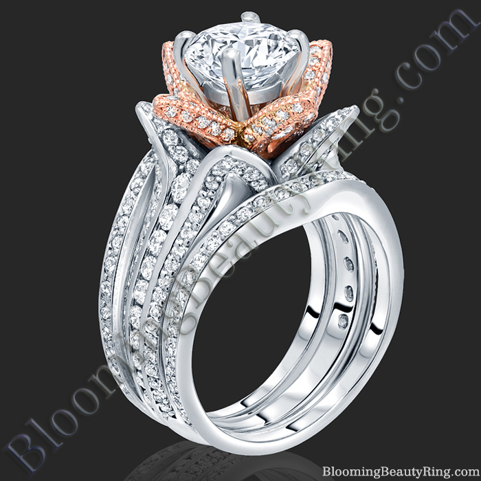 2.38 ctw. Double Band Two Toned White and Rose Gold Flower Ring Set - bbr434ttrset