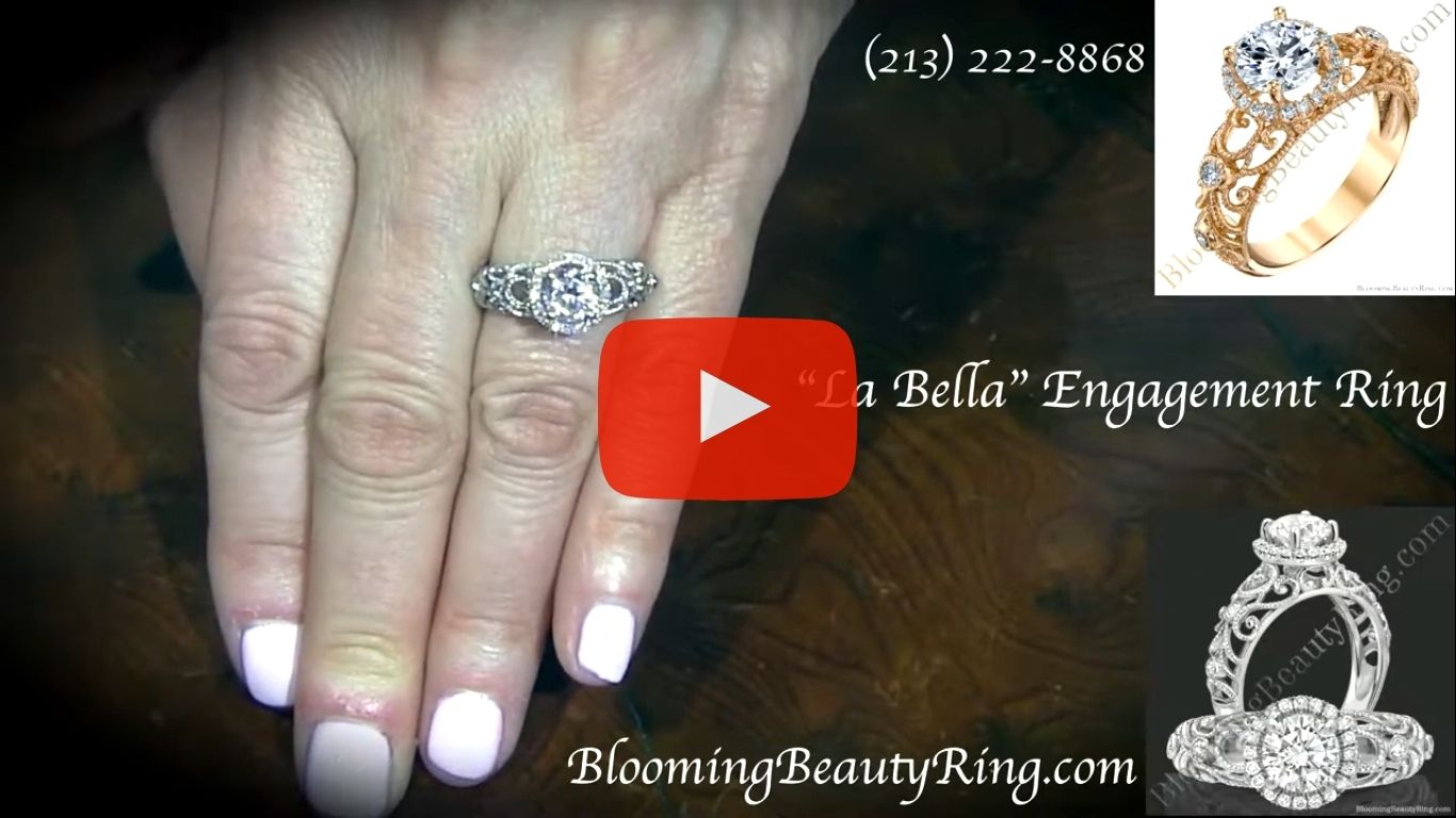 La Bella – Ornamental Filigree Diamond Halo Engagement Ring – bbr669 on the finger video
