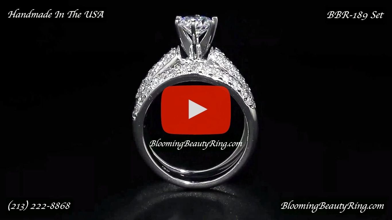 Jewelers 3 Rows of Diamonds Pave Set Across the Entire Top Side of Both Custom Made Bands – bbr189e-189b standing up video