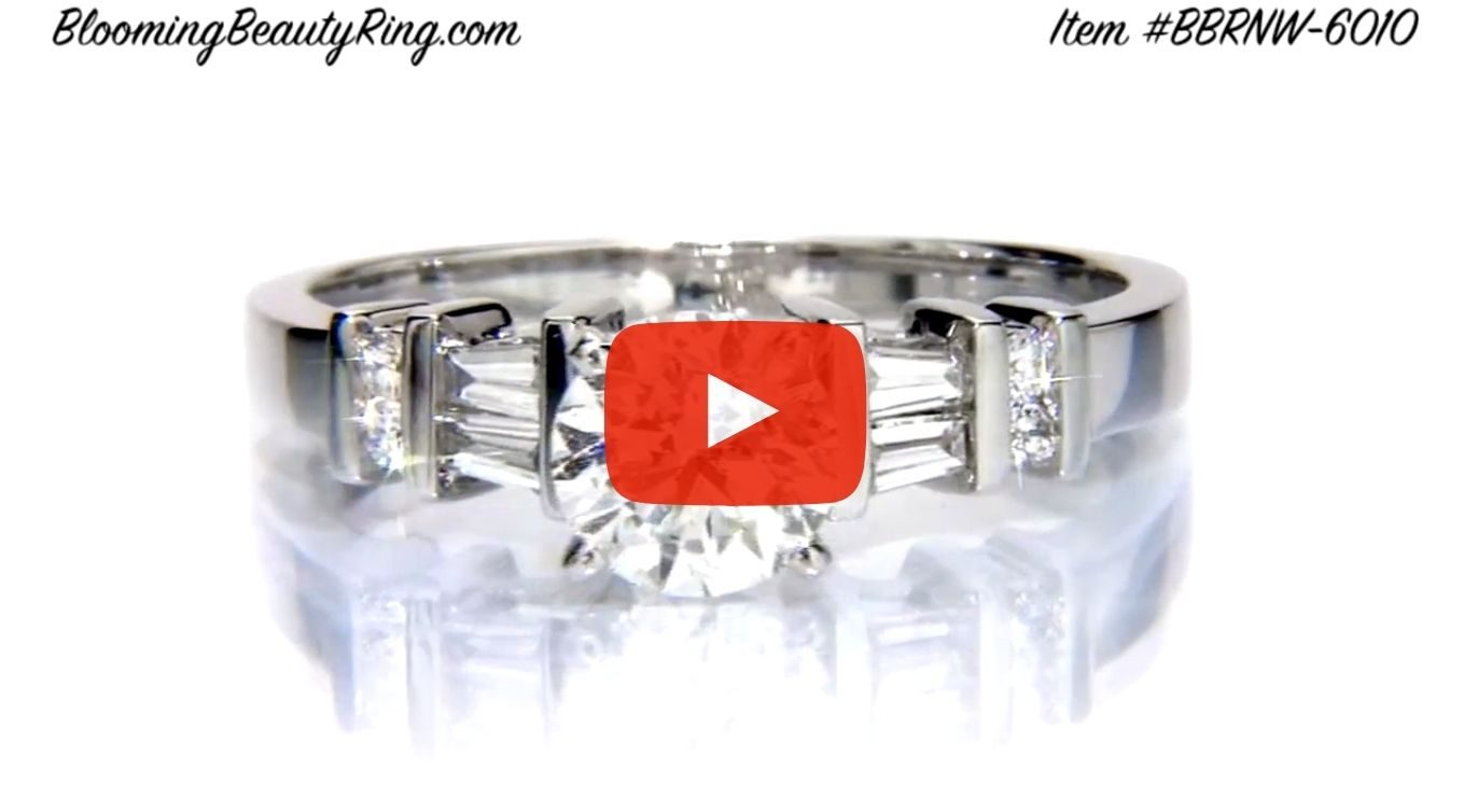 Tiffany Style Engagement Ring with Tapered Baguette and Small Round Side Accent Diamonds – bbrnw6010 laying down video