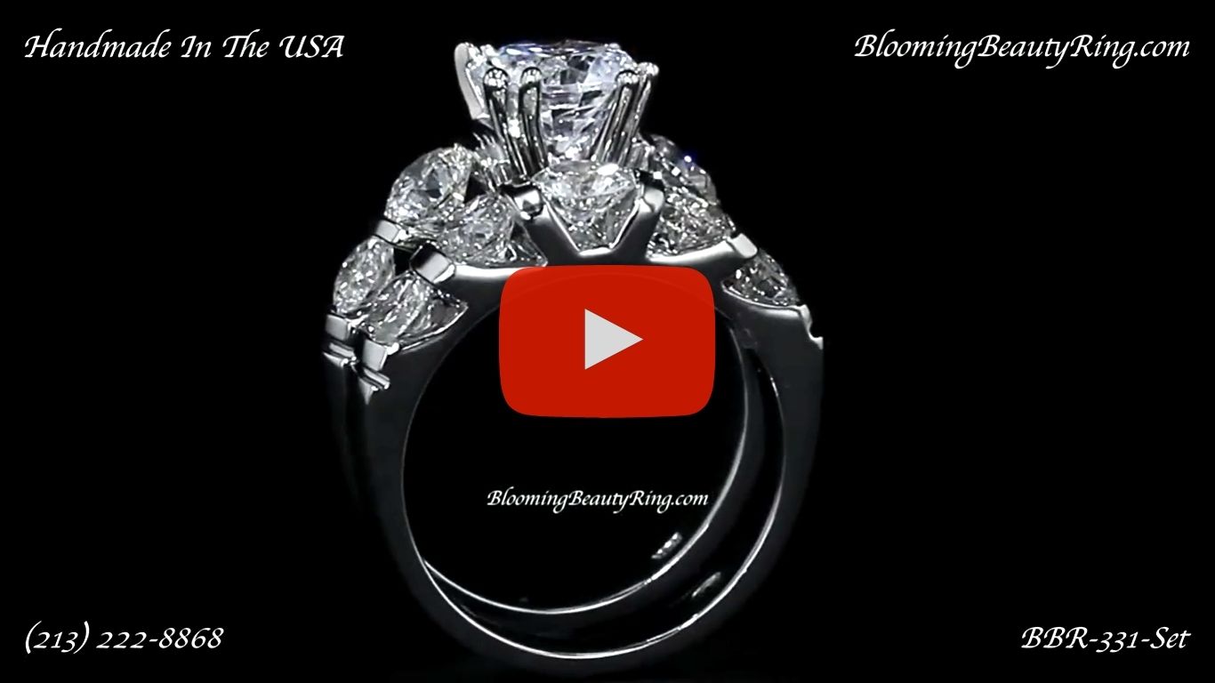 Tension Set Large Diamond Curved 8 Prong Engagement Ring and Matching Wedding Band – bbr331 standing up video