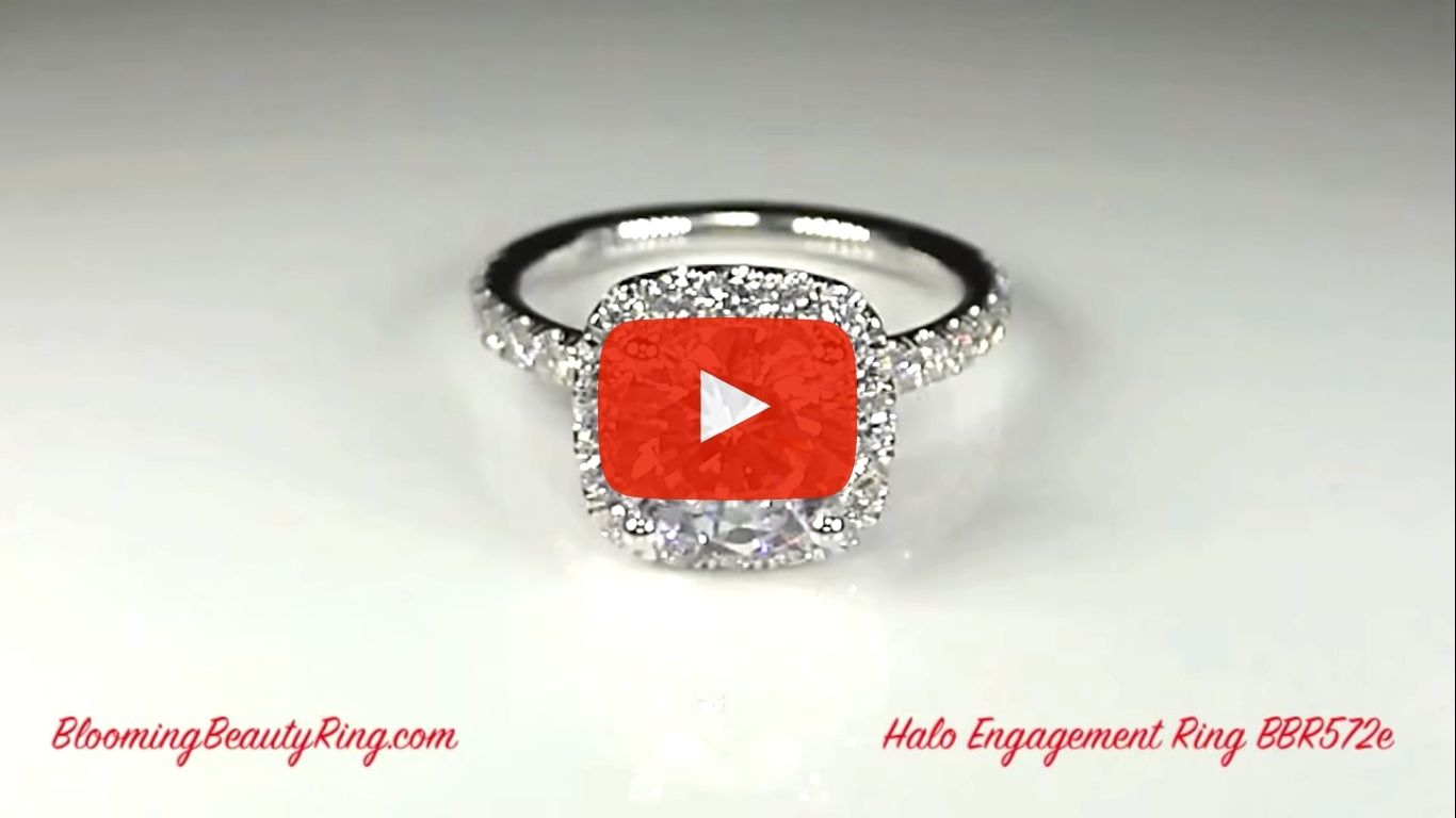 Petite Square Halo Round Shared Prong Set Diamond Engagement Ring – bbr572e laying down video