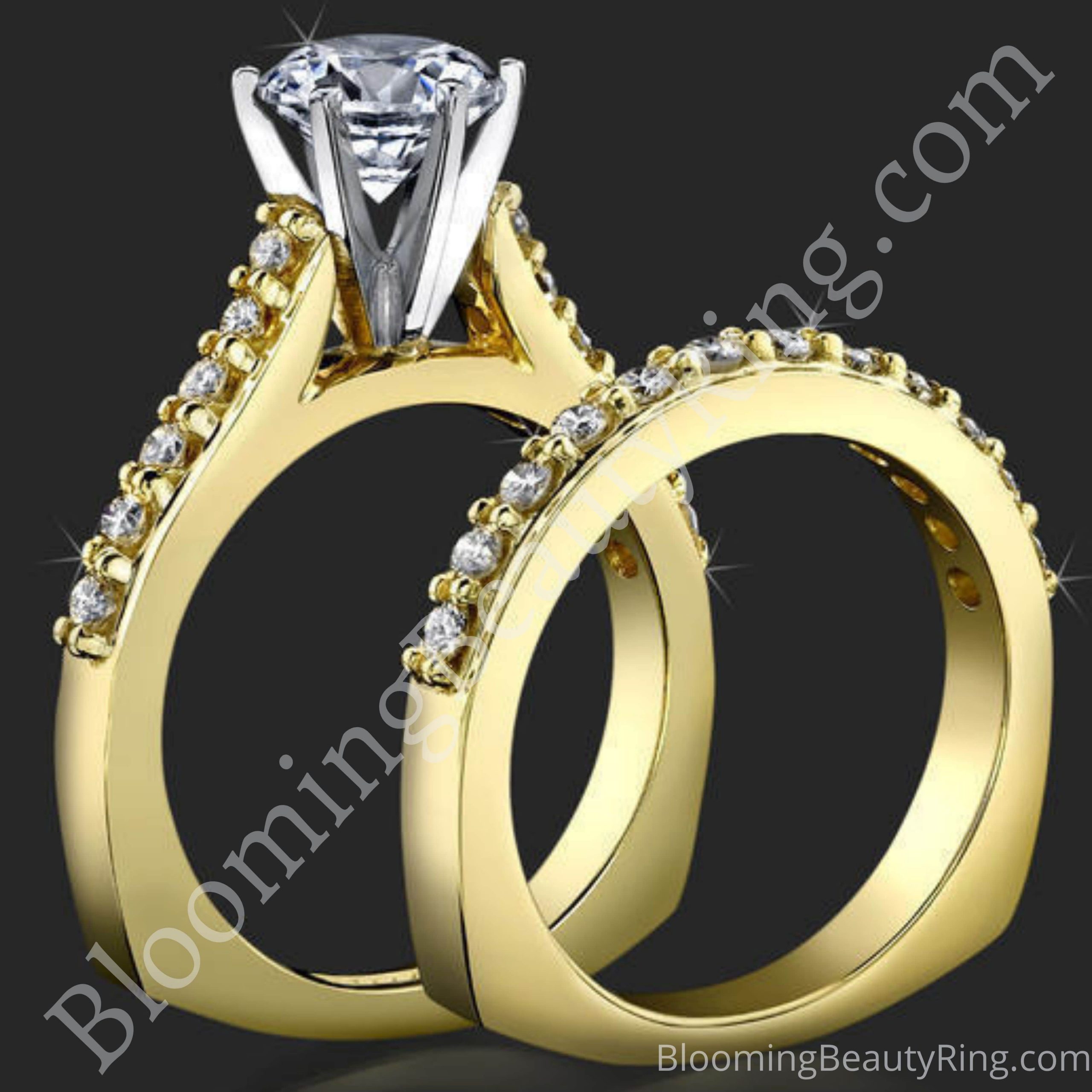 Raised Step Prong Round Diamond Engagement Ring Set with Flat Rounded Bottom Band