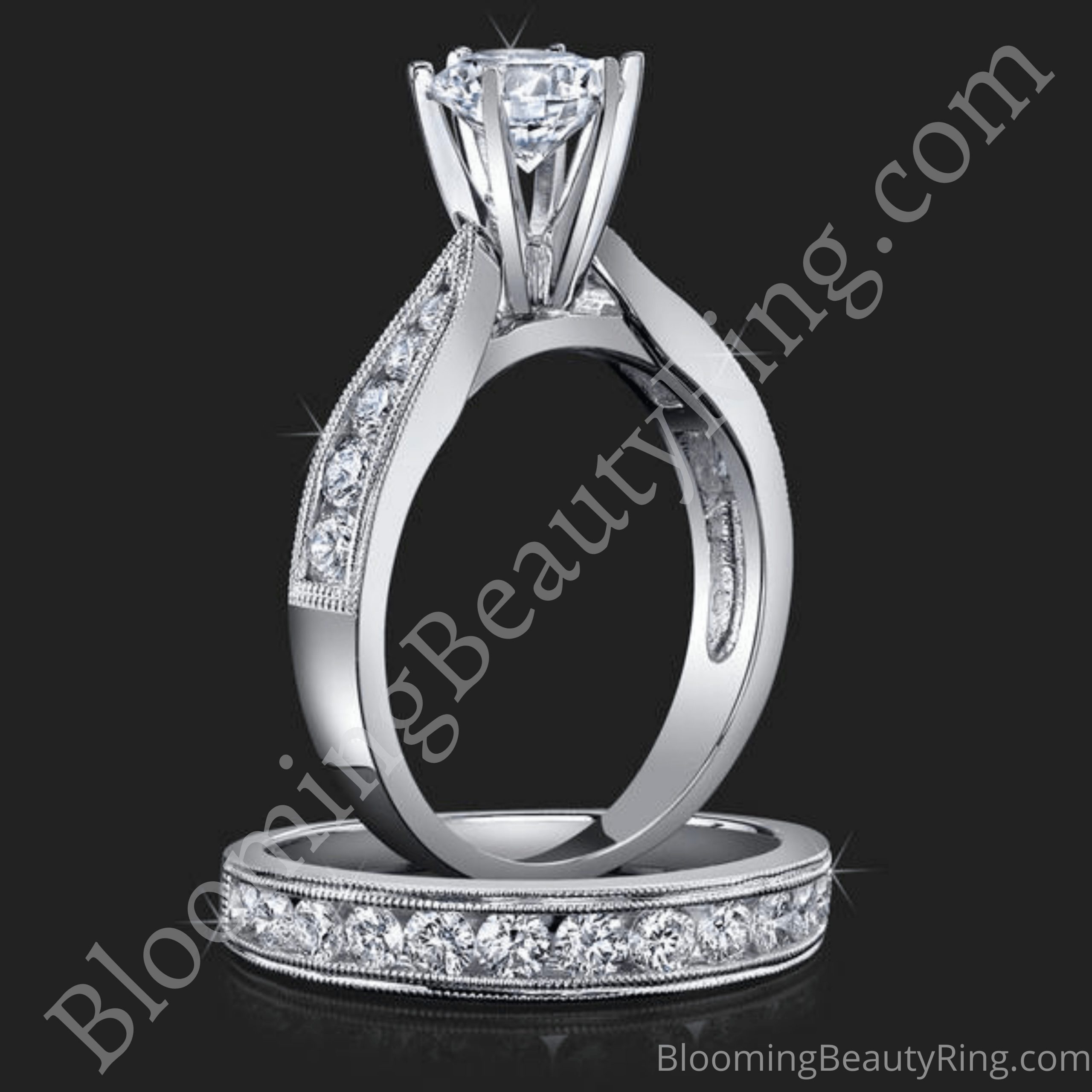 1.00 ctw. Tapered Millegrain 6 Prong Tiffany Diamond Engagement Ring Set - bbr139 standing up