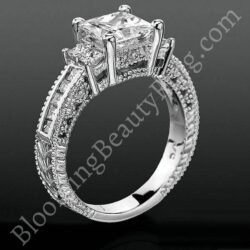 Princess Channel Set Beaded Milgrain Hand Carved Diamond Engagement Ring