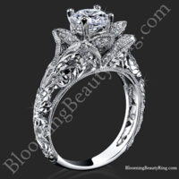 Diamond Embossed Blooming Rose Engagement Ring with Etched Carvings<br>$3000