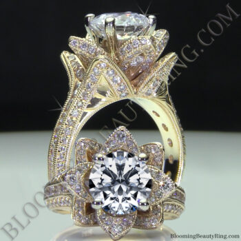 Yellow Gold Large Hand Engraved Blooming Beauty Flower Diamond Engagement Ring<br>$4600