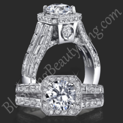 1.65 ctw. Baguette and Round Halo Style Diamond Engagement Ring - bbr388-1
