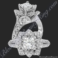 Hand Engraved 8 Petal .58 ct. Diamond Princess Lotus Flower Ring